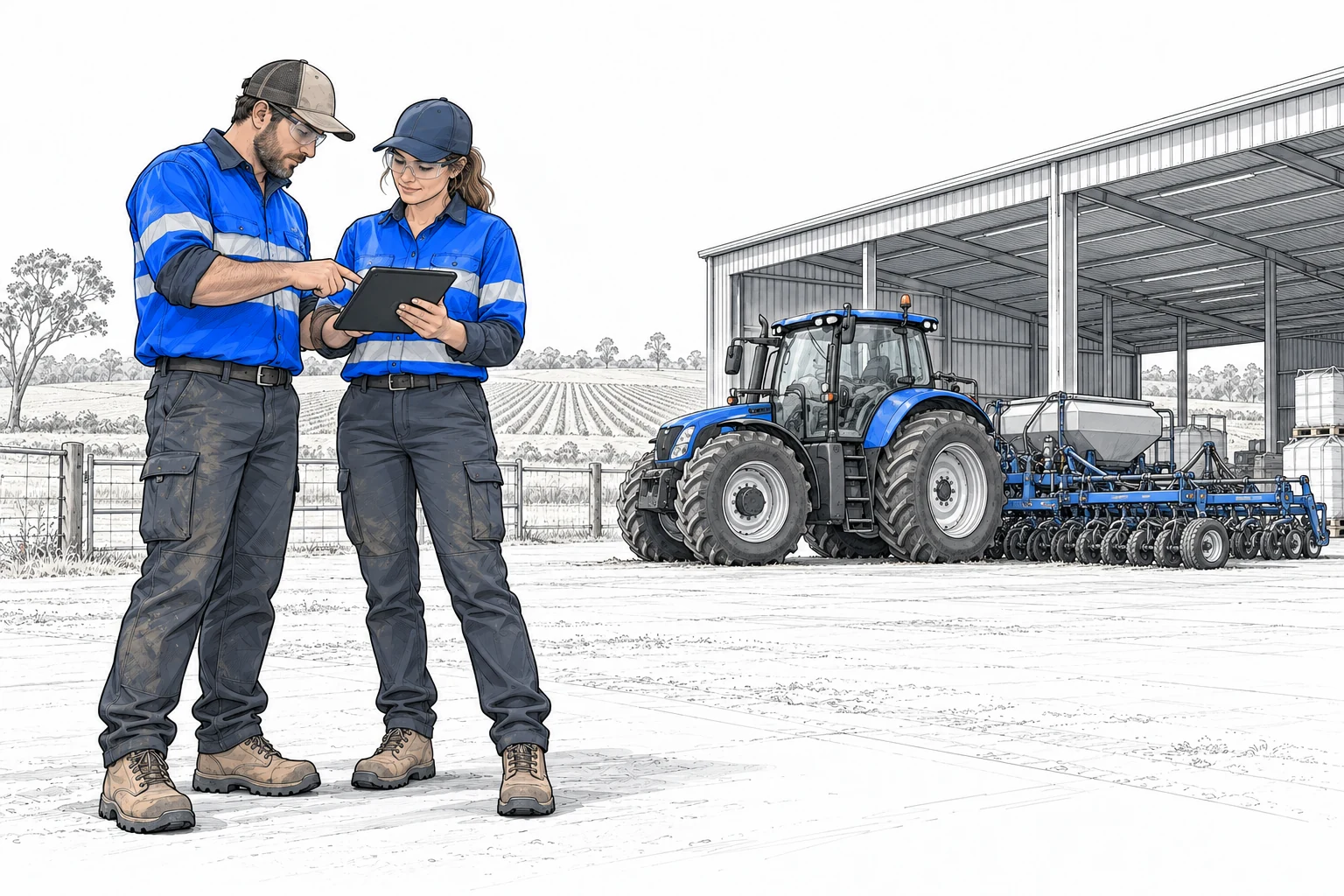Architectural line drawing of farm field workers with a tablet