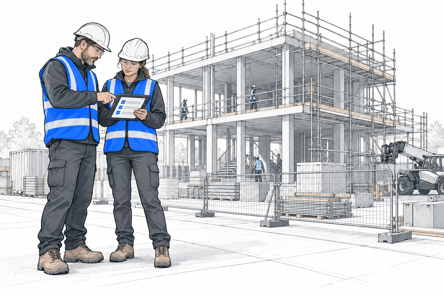 Architectural line drawing of an active construction site