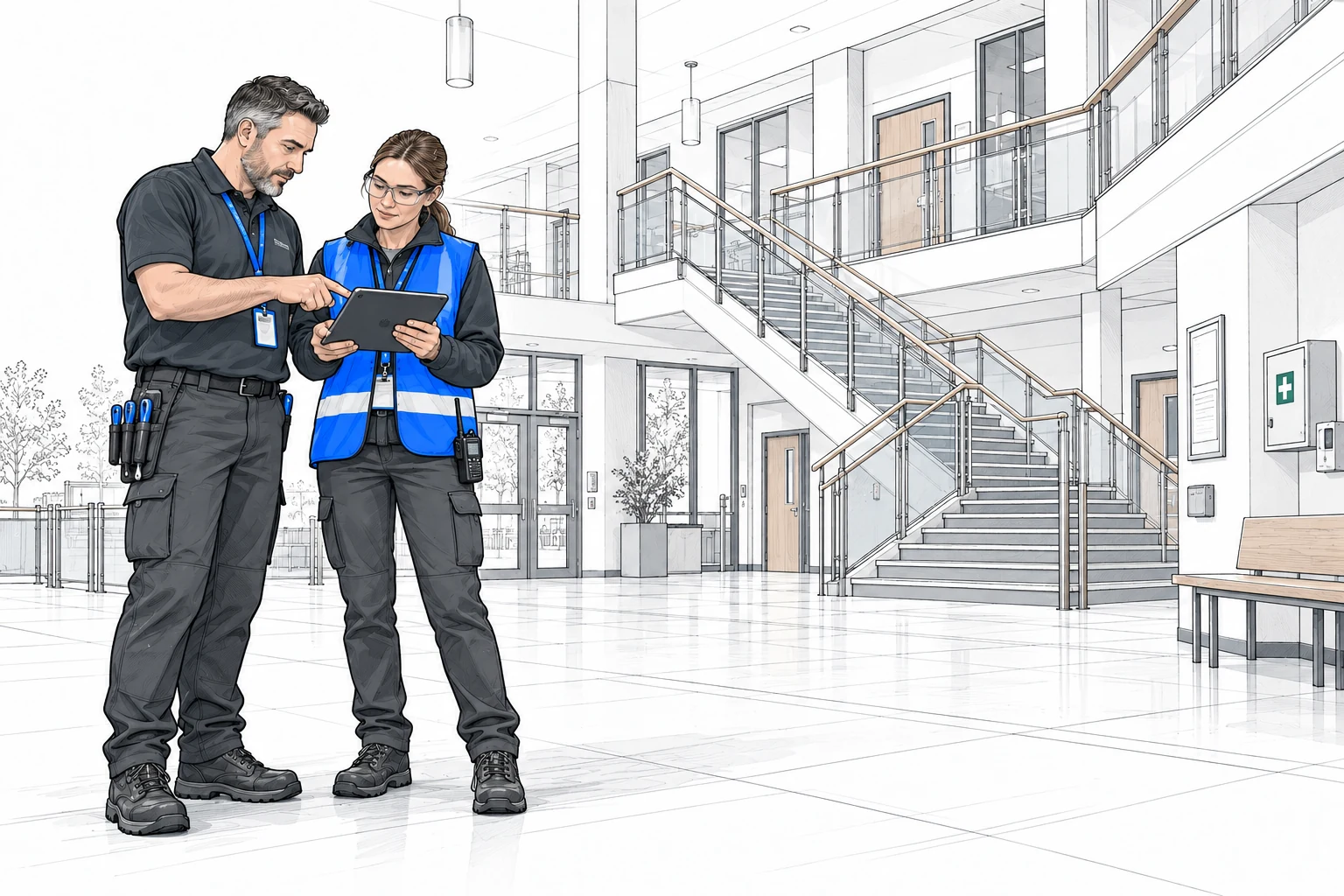 Architectural line drawing of school or office facilities