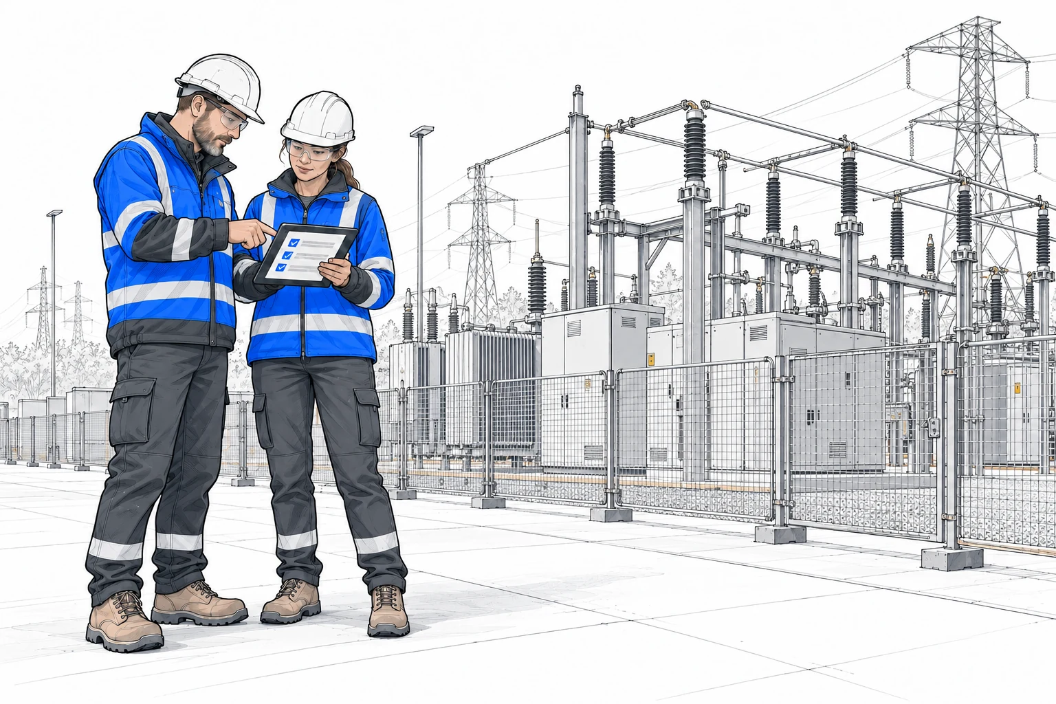 Architectural line drawing of an electricity utility substation