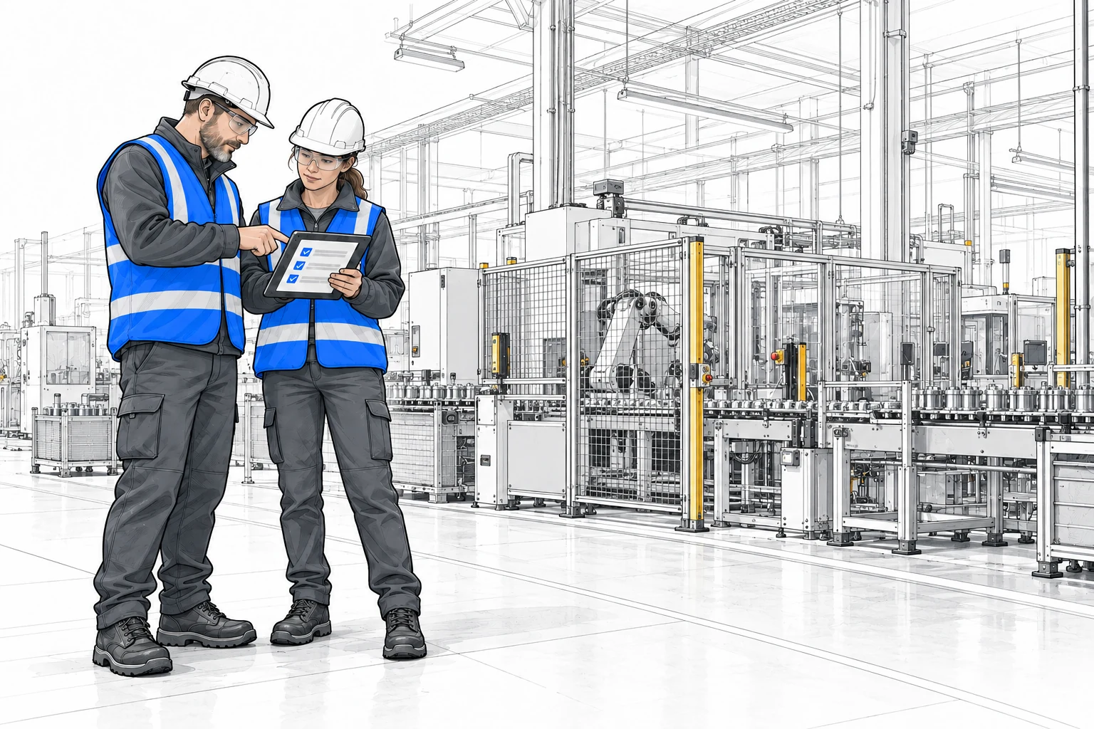Architectural line drawing of a manufacturing plant floor
