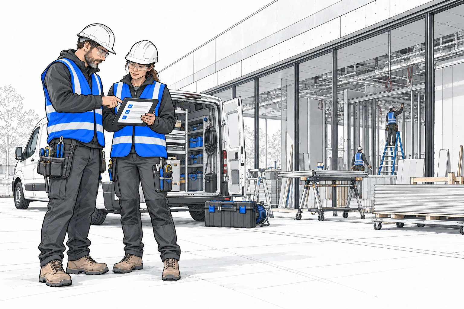 Architectural line drawing of tradespeople reviewing a briefing